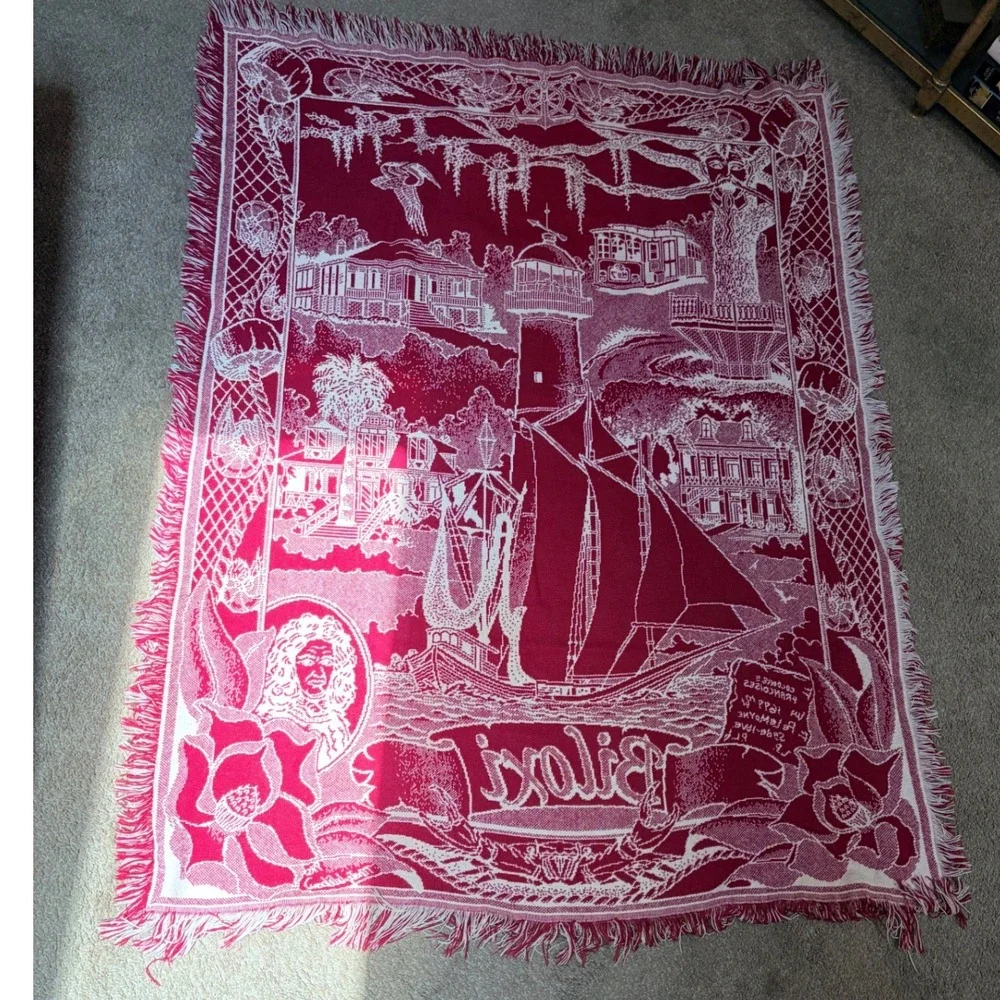 Vintage Biloxi Mississippi  Woven Throw Blanket Red White Lighthouse 48x65